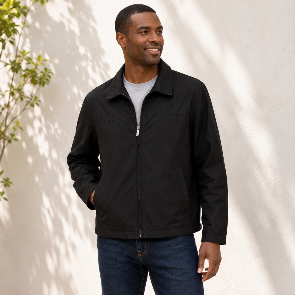 Kenneth Cole Reaction Mens Black Lightweight Zip Harrington Jacket Point Collar